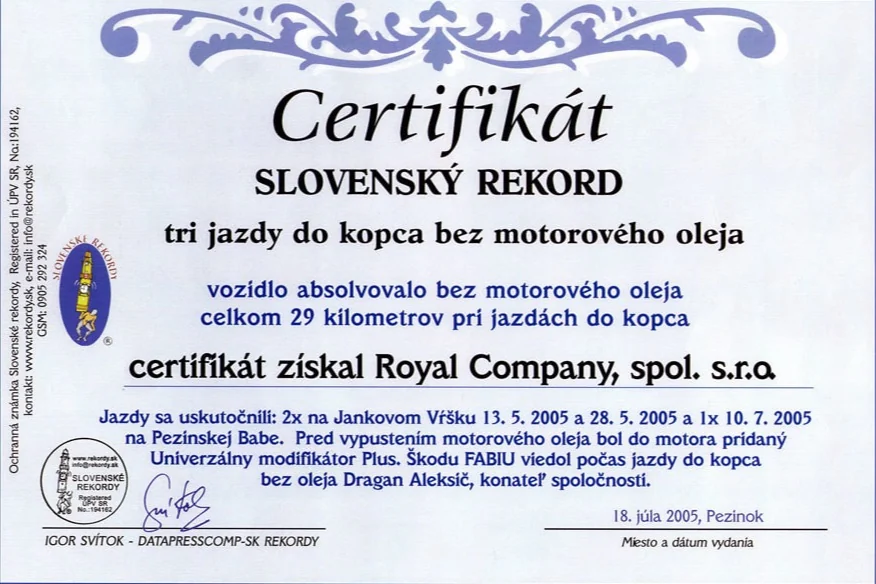 Slovak Certificate "Slovak Record"